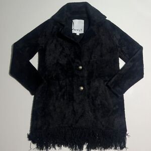 NVLT Womens XS Black Long Faux Fur Coat Fringe Hem Fuzzy Winter Jacket